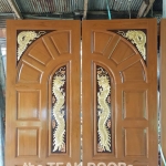TD261 ประตูไม้สักบานคู่ ลายโค้งแสงทึบ กลางมังกรมุมมังกร ขนาด 160X200ซม.
