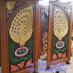 TD223 ประตูไม้สักบานคู่ ลายนกยูงบนดอกบัว ขนาด 200X200 ซม.